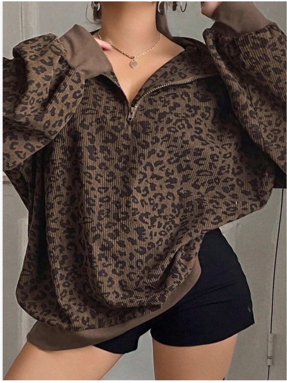 Half-Zip Leopard Print Pullover Sweatshirt - Brown